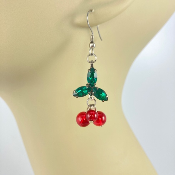 Holly Earrings, Handmade, Vintage Crystals & Glass Beads, Cherry Earrings - Picture 3 of 10